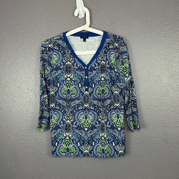 Talbots Paisley Henley Top Size Large Petite Blue 3/4 Sleeve V Neck - Picture 1 of 6